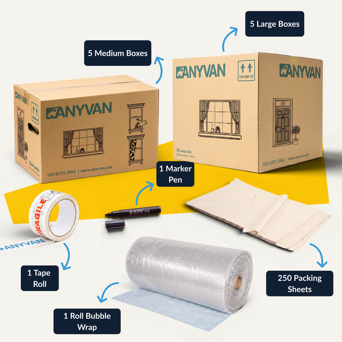 Studio Home Moving Pack contents, labelled: 5 medium boxes, 5 large boxes, 1 tape roll, 1 marker pen, 1 roll of bubble wrap and 250 packing sheets