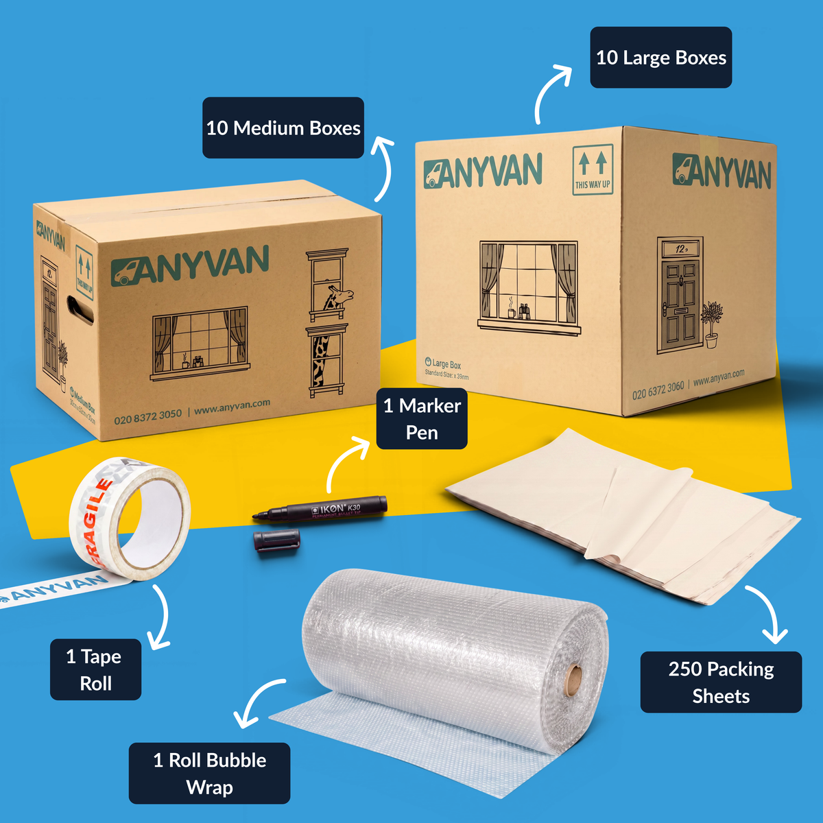 1 Bed Home Moving Pack contents, labelled: 10 medium boxes, 10 large boxes, 1 tape roll, 1 marker pen, 1 roll of bubble wrap and 250 packing sheets