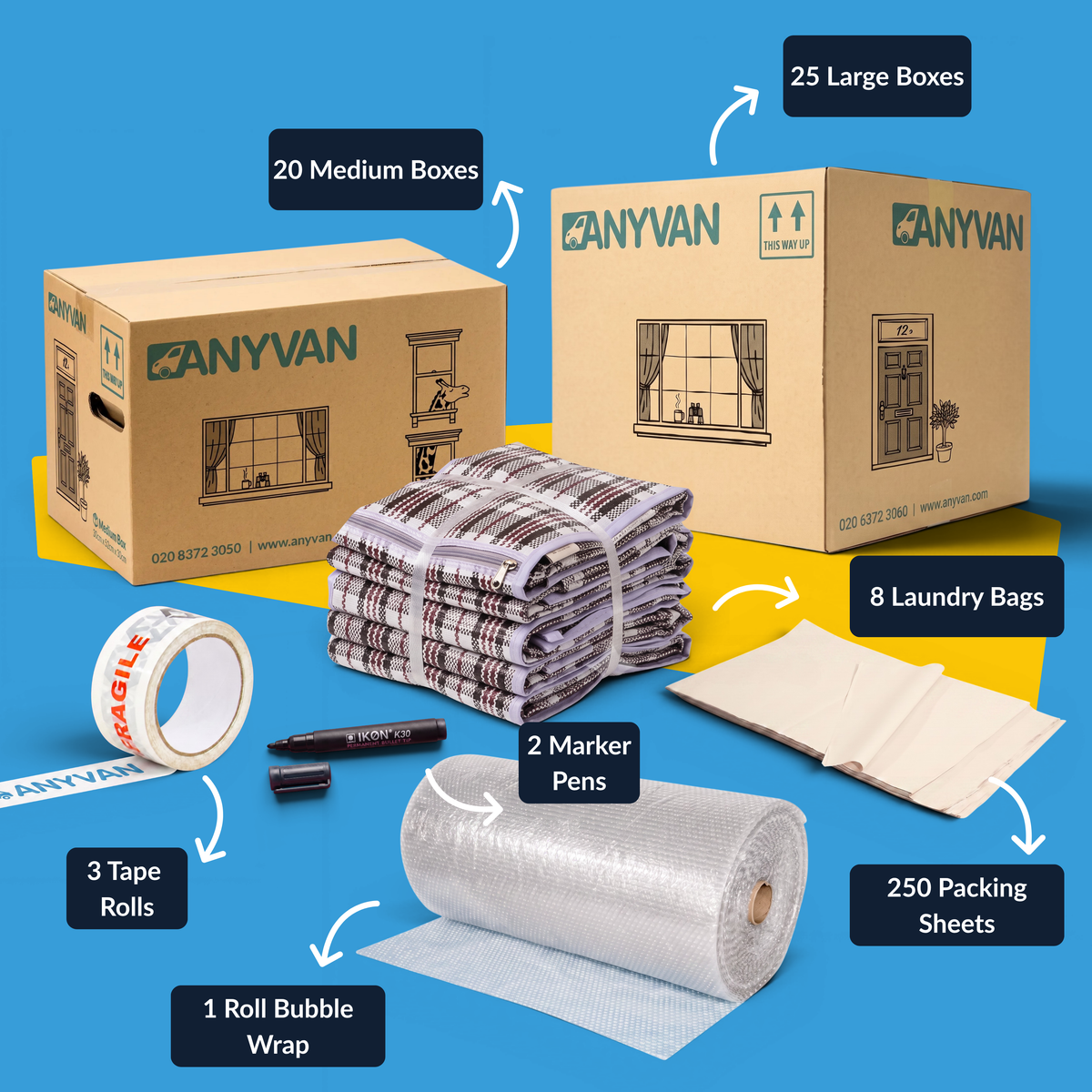 3 Bed Home Moving Pack contents, labelled: 20 medium boxes, 25 large boxes, 3 tape rolls, 2 marker pens, 1 roll of bubble wrap, 250 packing sheets and 8 laundry bags
