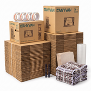 4 Bed Home Moving Pack contents: stacks of flat-packed AnyVan boxes with two assembled boxes, 4 rolls of fragile tape, 2 marker pens, packing paper, bubble wrap and plaid laundry bags