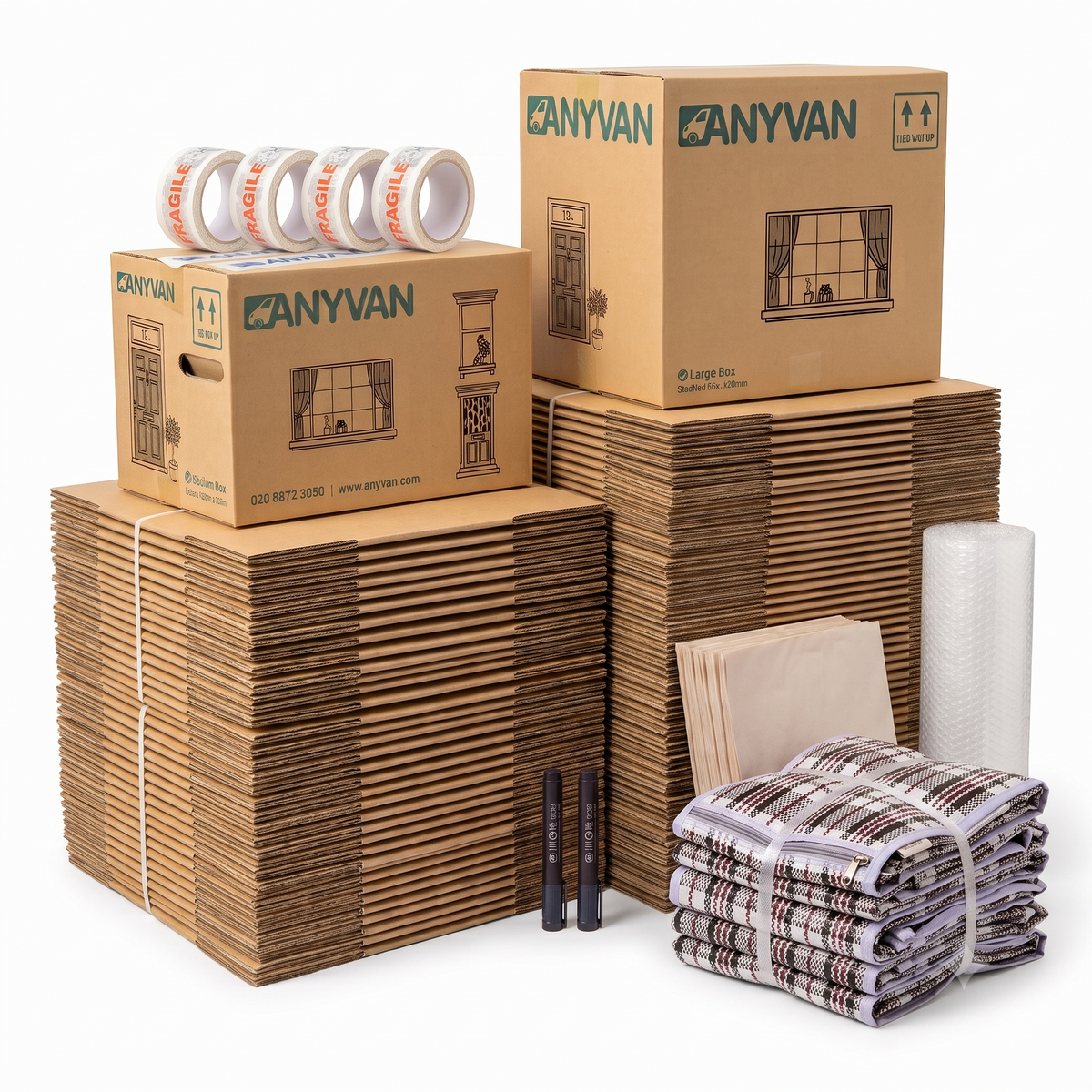 4 Bed Home Moving Pack contents: stacks of flat-packed AnyVan boxes with two assembled boxes, 4 rolls of fragile tape, 2 marker pens, packing paper, bubble wrap and plaid laundry bags