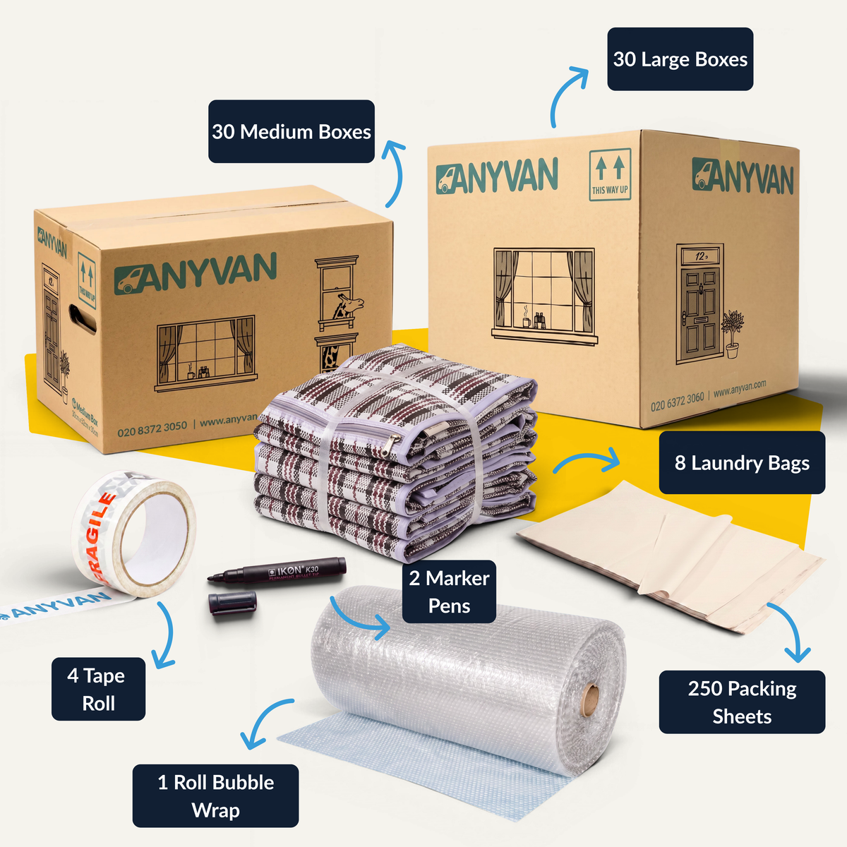 4 Bed Home Moving Pack contents, labelled: 30 medium boxes, 30 large boxes, 4 tape rolls, 2 marker pens, 1 roll of bubble wrap, 250 packing sheets and 8 laundry bags