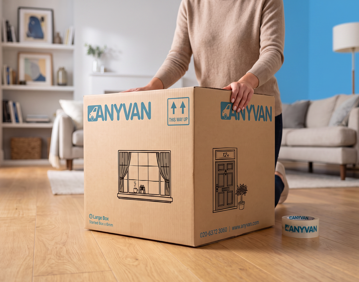 A person kneeling beside an assembled AnyVan large moving box in a living room, with a roll of AnyVan tape on the floor