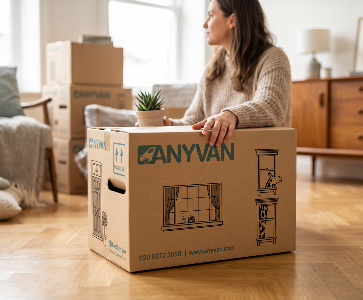 A woman sitting on the floor beside an assembled AnyVan medium moving box with a plant on top, with more boxes stacked behind her