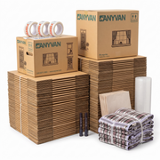 3 Bed Home Moving Pack contents: stacks of flat-packed AnyVan boxes with two assembled boxes, 3 rolls of fragile tape, 2 marker pens, packing paper, bubble wrap and plaid laundry bags