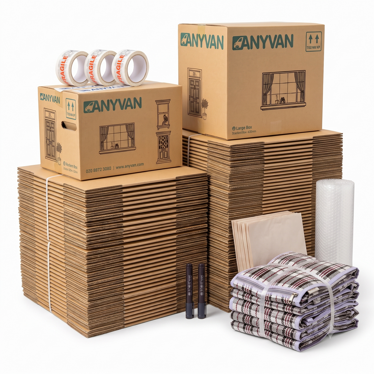 3 Bed Home Moving Pack contents: stacks of flat-packed AnyVan boxes with two assembled boxes, 3 rolls of fragile tape, 2 marker pens, packing paper, bubble wrap and plaid laundry bags