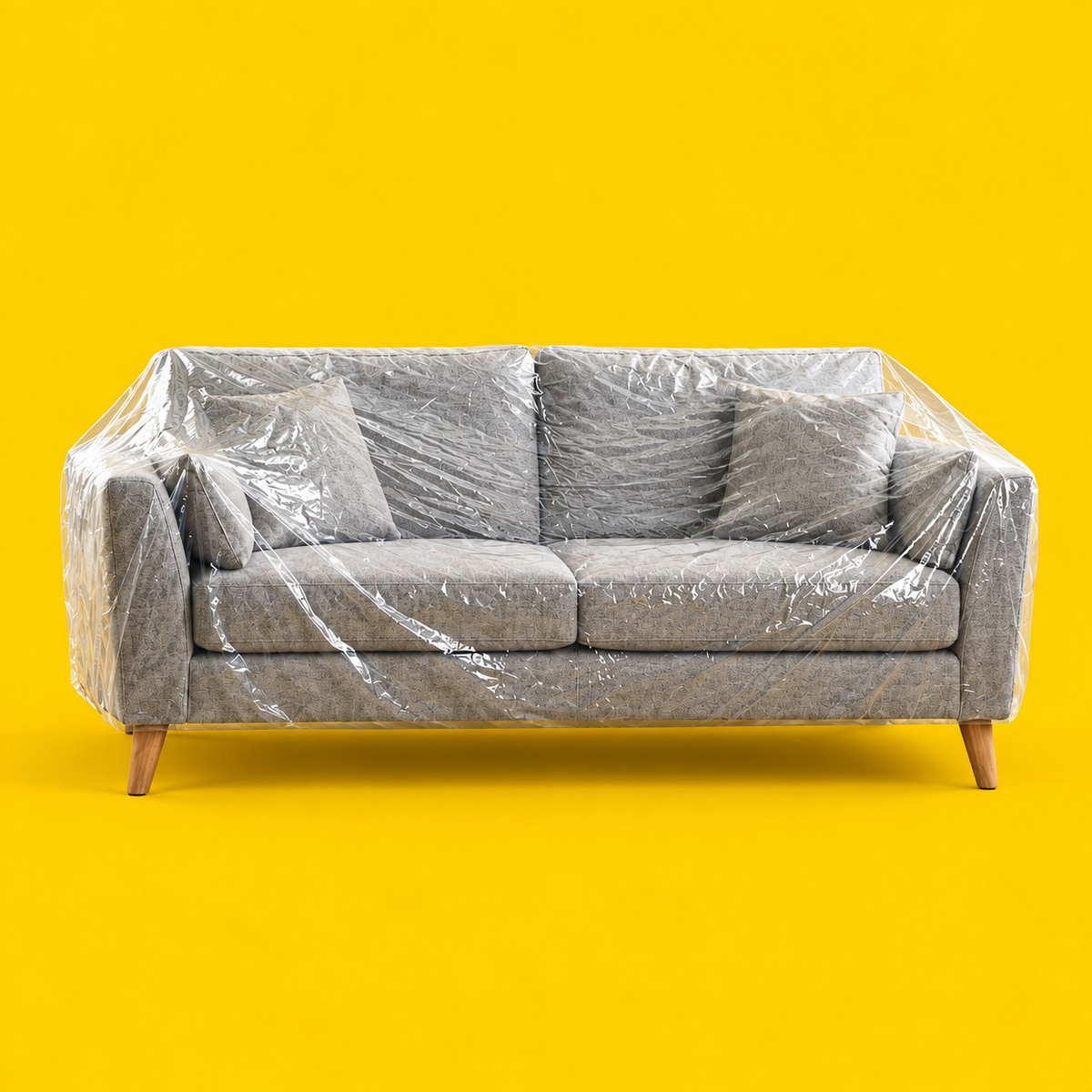 Front view of a grey sofa covered in a clear plastic protective cover, on a yellow background