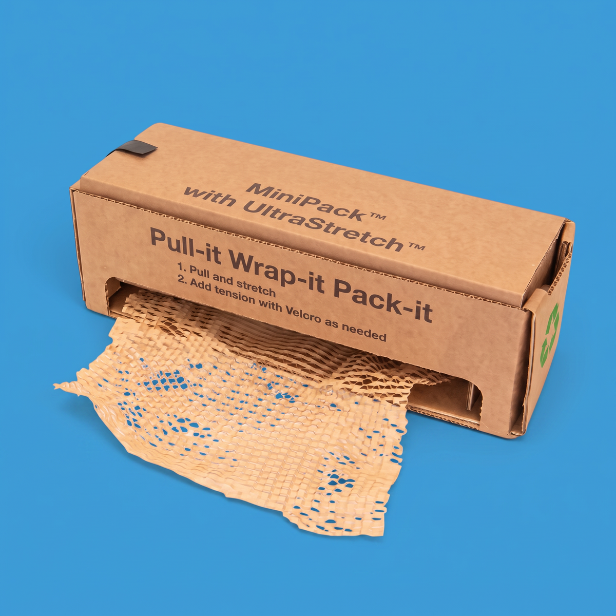 A MiniPack honeycomb paper dispenser box with brown honeycomb paper pulled out of the front, on a blue background